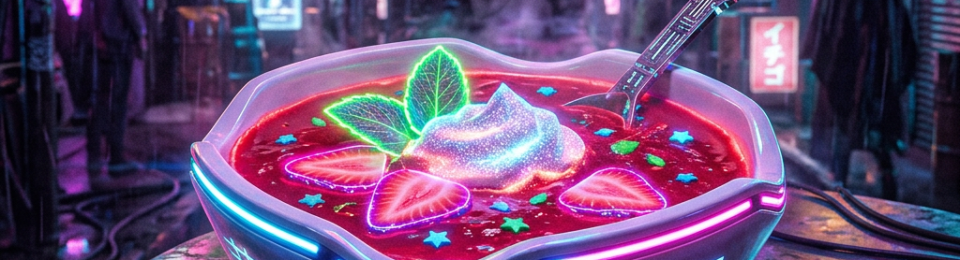 Bowl of steaming strawberry soup with neon-lit strawberries, mint leaves, and whipped cream on a round table