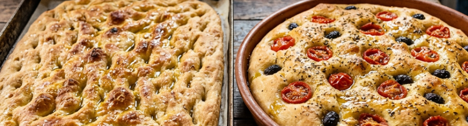 Two focaccia breads, one plain and one topped with cherry tomatoes and olives, on a wooden table