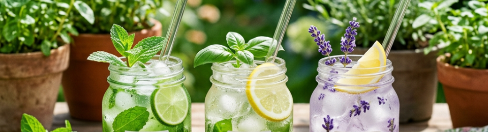 Three mason jars labeled Mint Fresh, Basil Bliss, Lavender Calm filled with herbal iced drinks