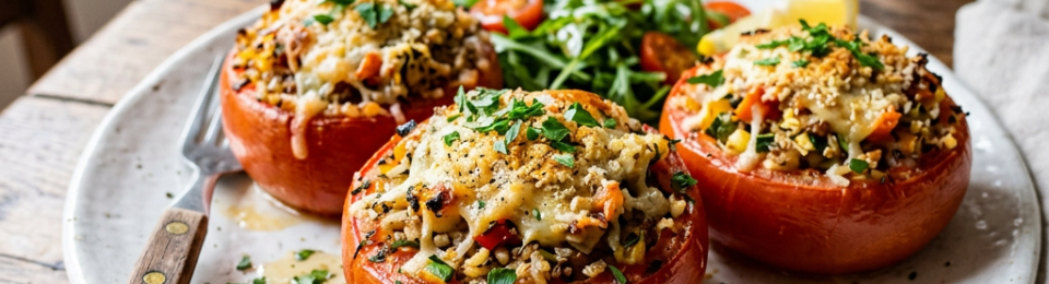Three baked tomatoes stuffed with rice, vegetables, and melted cheese on a plate with salad