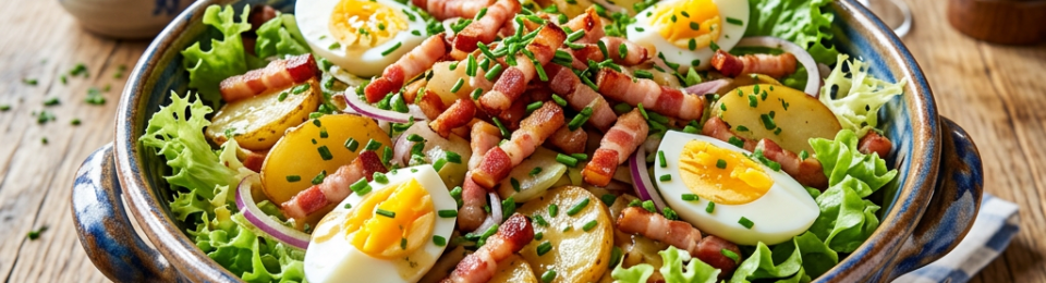 Bowl of potato salad with bacon strips, boiled egg quarters, lettuce, and red onion slices