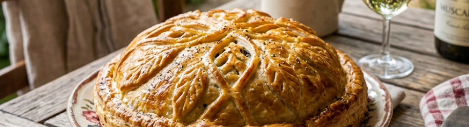 Golden puff pastry pie with leaf patterns on ceramic plate