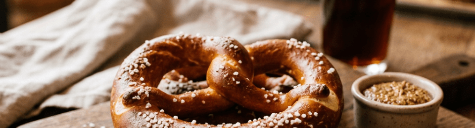 Salted pretzel with mustard dip and dark beer on wooden board