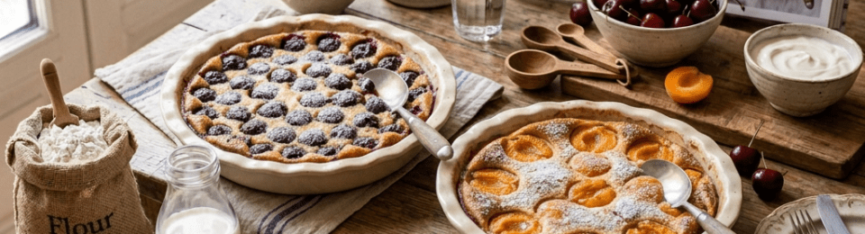 Baked apricot and cherry clafoutis dusted with powdered sugar in a ceramic dish with a serving spoon
