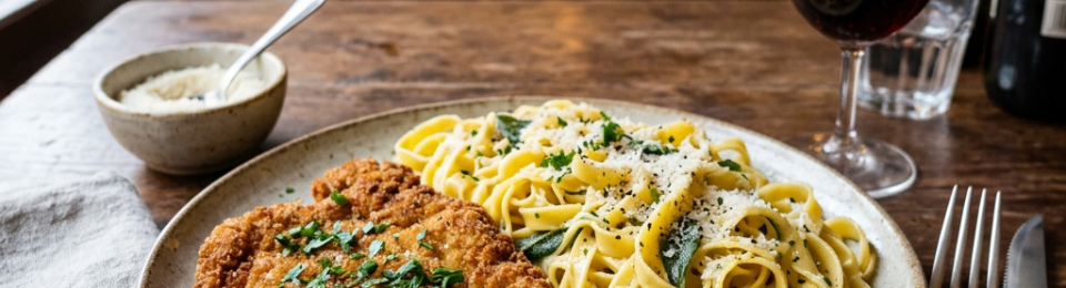Breaded cutlet with fettuccine pasta, lemon wedge, and glass of red wine on wooden table