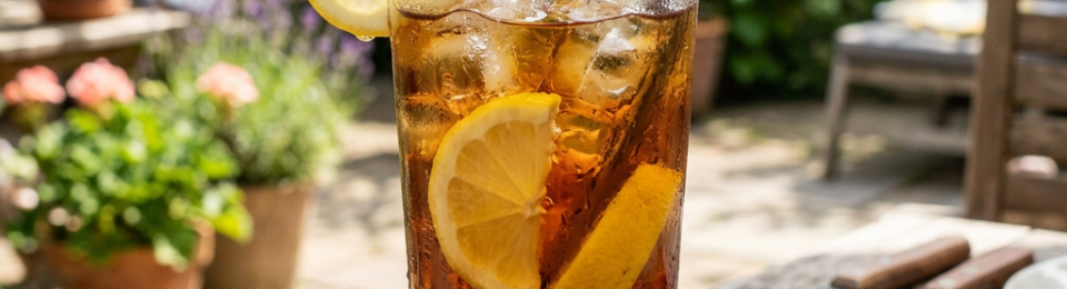 Tall glass of iced tea with ice cubes, lemon slices, mint leaves, and a metal straw