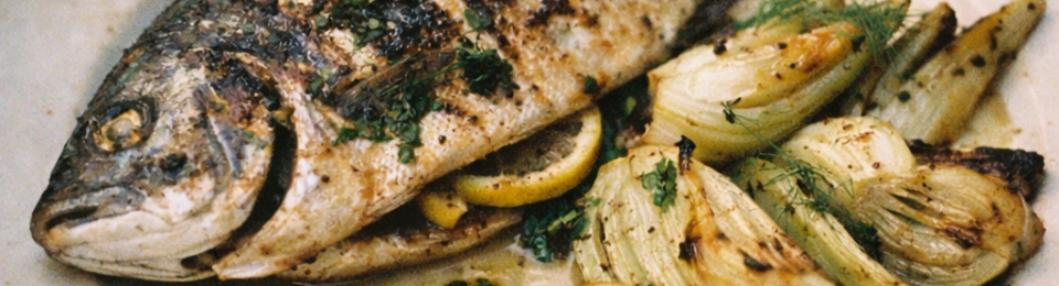 Grilled whole fish garnished with herbs, lemon slices, and roasted fennel