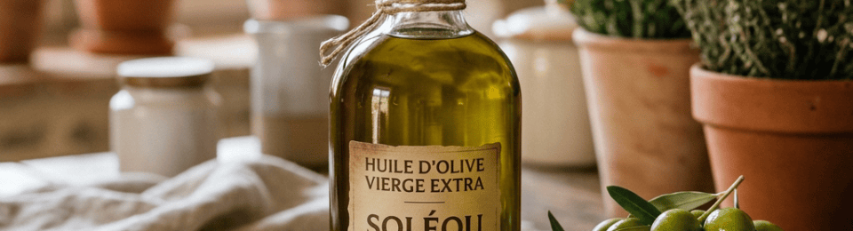 Bottle of Soléou extra virgin olive oil on wooden table with bowl of green olives