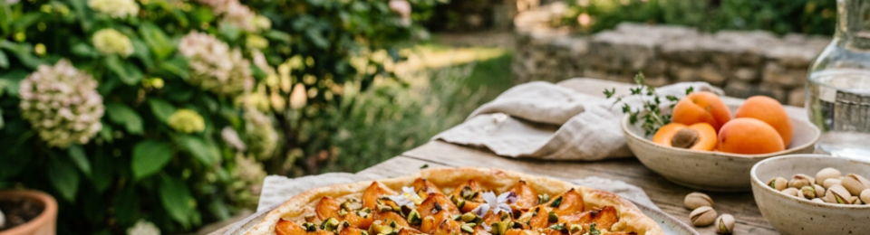 Apricot tart topped with pistachios on a plate on a rustic wooden table outdoors