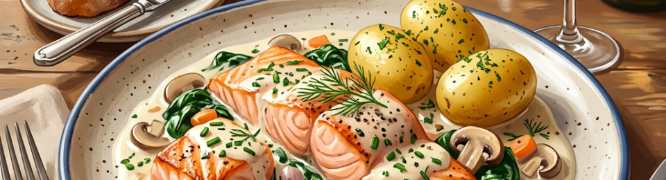 Grilled salmon with creamy sauce, baby potatoes, spinach, mushrooms, and herbs on a plate with bread and white wine