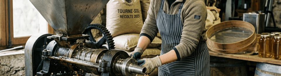 Woman operating vintage olive oil press extracting oil into ceramic container