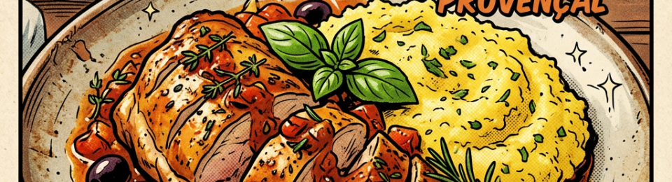 Sliced Provencal rabbit on a plate with polenta, olives, garlic, and herbs, steam rising