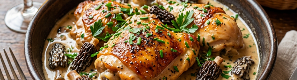 Chicken thighs in creamy morel mushroom sauce garnished with parsley and chives