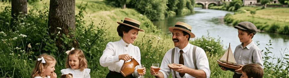 Family having picnic with food and drinks by riverbank in countryside