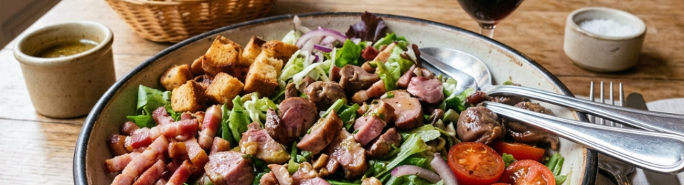 Salad topped with sliced duck, bacon, tomatoes, walnuts, and greens