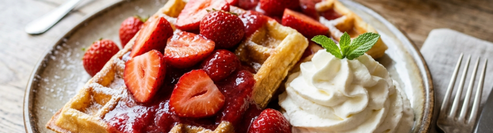 Waffles topped with strawberries, berry sauce, whipped cream, and mint beside a latte