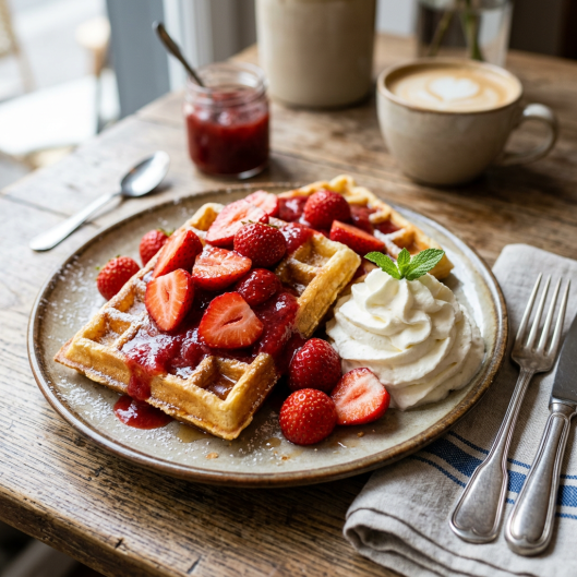 Gaufres avec Fraises Fraîches, Nappage et Chantilly Maison
