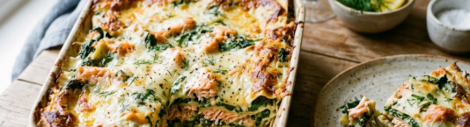 Salmon and spinach lasagna in a baking dish with a plated serving