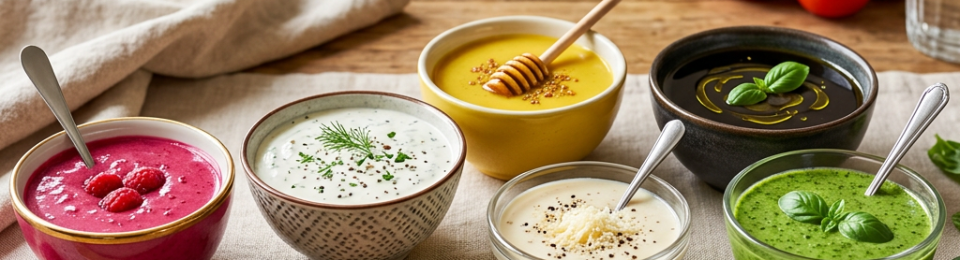 Six colorful bowls of homemade sauces and dips on a wooden table