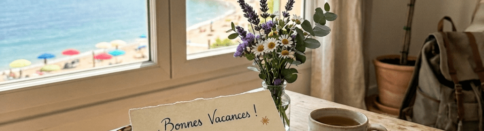 Handwritten note reading “Bonnes Vacances ! Profitez bien du soleil et du repos. Je serai de retour début septembre. À très vite ! – Julie” beside coffee and flowers