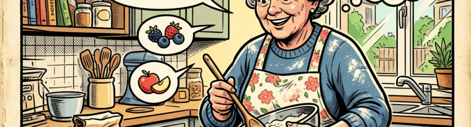 Illustration titrée « MUFFINS AUX FRUITS POUR LA RENTRÉE SCOLAIRE », avec recette et préparation en cuisine