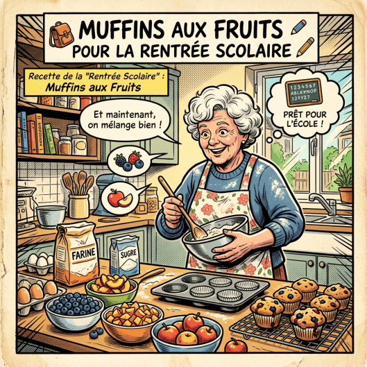 Illustration titrée « MUFFINS AUX FRUITS POUR LA RENTRÉE SCOLAIRE », avec recette et préparation en cuisine