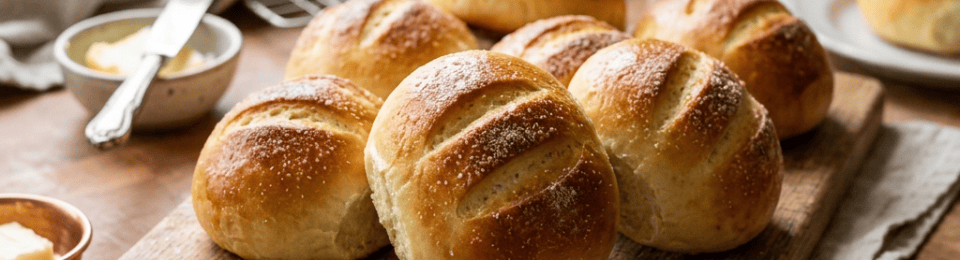 Fresh golden bread rolls arranged on a wooden cutting board