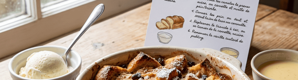 Bread pudding with raisins, vanilla ice cream, sauce, and French recipe card titled «Recette du Pudding au Pain ou Brioche».