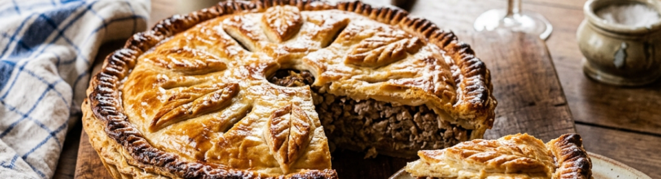 Golden savory meat pie with a slice, red wine, and table setting