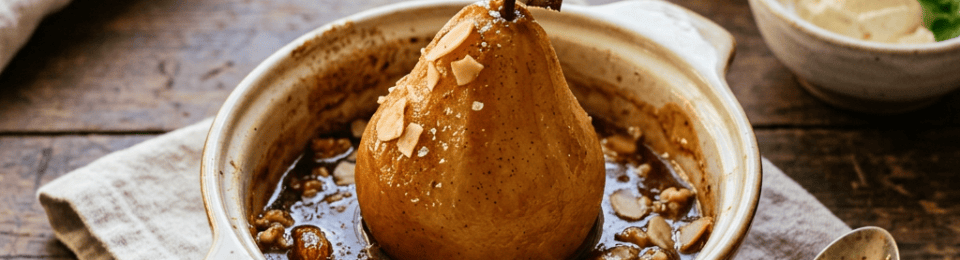 Caramel-glazed baked pear with almonds, sauce, and vanilla ice cream