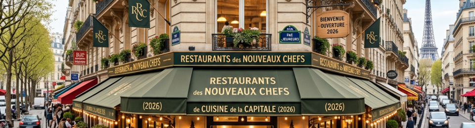 Paris restaurant labeled “Restaurants des Nouveaux Chefs,” with outdoor diners and Eiffel Tower