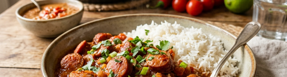 Bowl of sausage stew with white rice, herbs, tomatoes, and lime