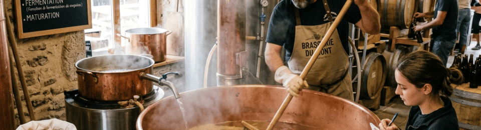 Brewer stirring a steaming copper kettle labeled Brasserie du Terroir – fabrication artisanale; sign reads Recette: Ambrée du Mont; sacks labeled Orge de Berry and malt, hops marked Houblon d’Alsace.
