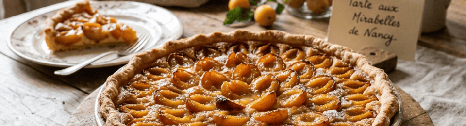 Golden mirabelle plum tart with fresh plums and handwritten note