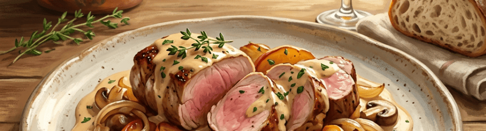 Sliced tenderloin with mushrooms and roasted fruit, cider, bread, and orchard view