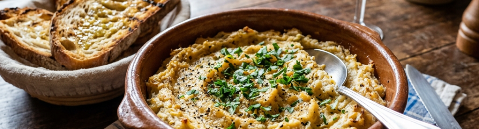 Baked herb dip with grilled bread and white wine on a rustic table