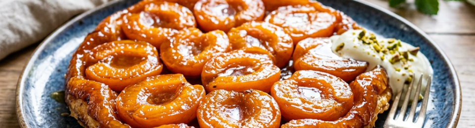 Glazed apricot tart on a blue plate with cream and mint