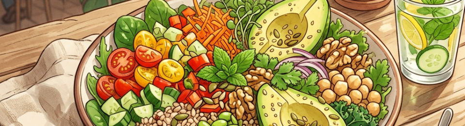 Colorful grain bowl with vegetables, avocado, legumes, herbs, and dressing