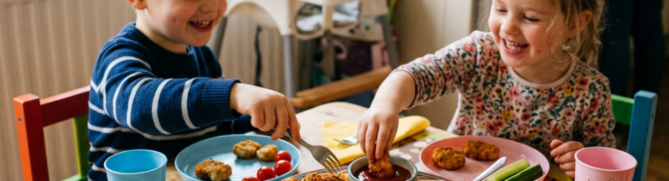 Two children eating chicken bites together at a colorful kitchen table