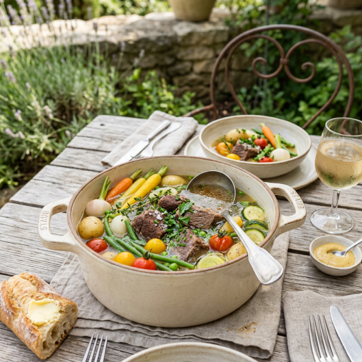 Pot-au-feu d'été servi dans un plat