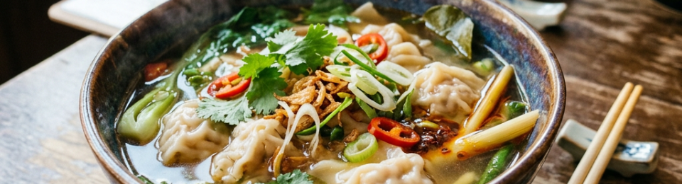 Steaming bowl of dumpling soup topped with herbs and sliced chilies