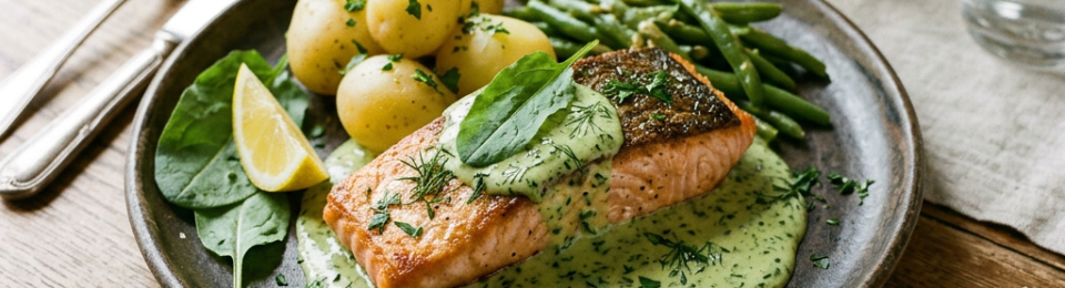 Salmon with sorrel sauce, potatoes, green beans, and note reading “Ma Recette de Grand-Mère — 1978, Pavé de Saumon à l’Oseille”
