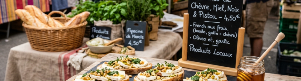 Market stall displaying goat-cheese tartines with pesto, honey, walnuts, and pistachios; sign reads “Tartines de Chèvre, Miel, Noix & Pistou – 4,50€” and “Produits Locaux.”