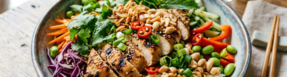 Vietnamese-inspired noodle bowl with grilled chicken and colorful vegetables