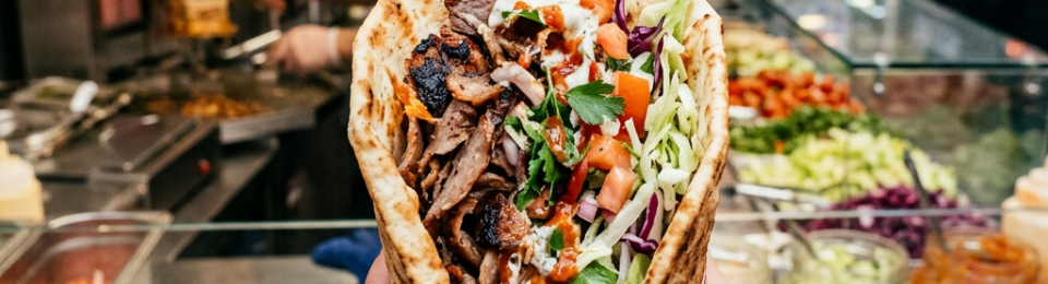 Loaded kebab wrap held in front of a busy kebab shop