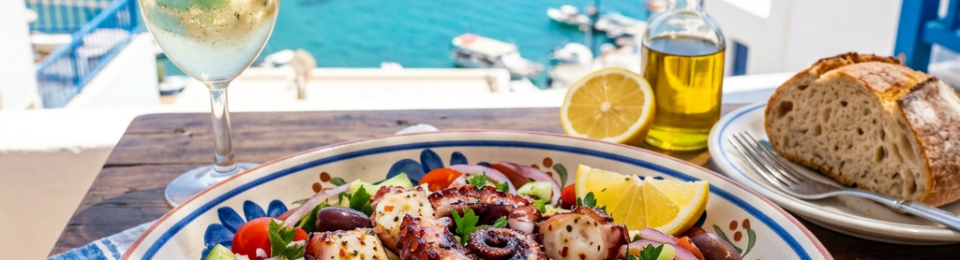 Octopus salad with vegetables, wine, bread, and harbor view
