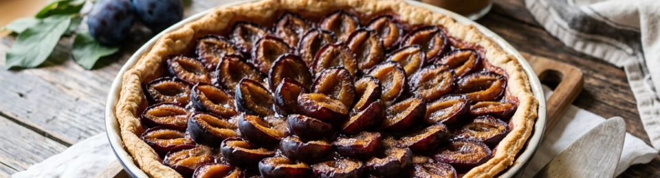 Golden plum tart topped with sliced plums on a rustic wooden table