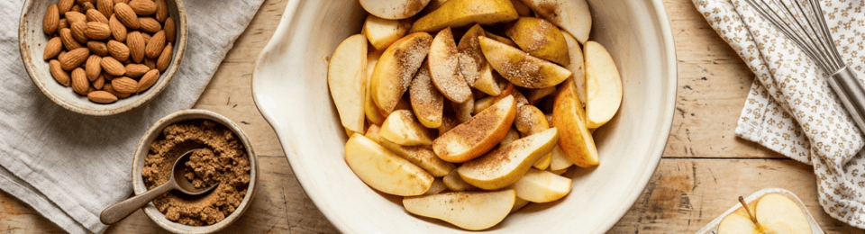Bowl of sliced apples and pears surrounded by baking ingredients and utensils