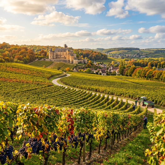 Un paysage viticole luxuriant sous le soleil automnal, avec des rangées de vignes chargées de raisins et un château majestueux en arrière-plan.