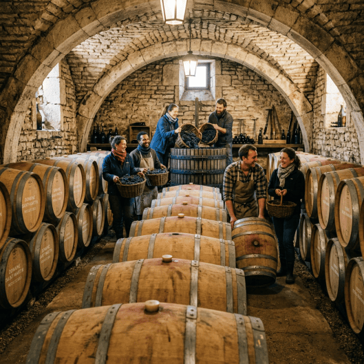 Des caves traditionnelles en pierre avec des fûts en chêne alignés. Des vendangeurs occupés à récolter des raisins dans une ambiance conviviale.